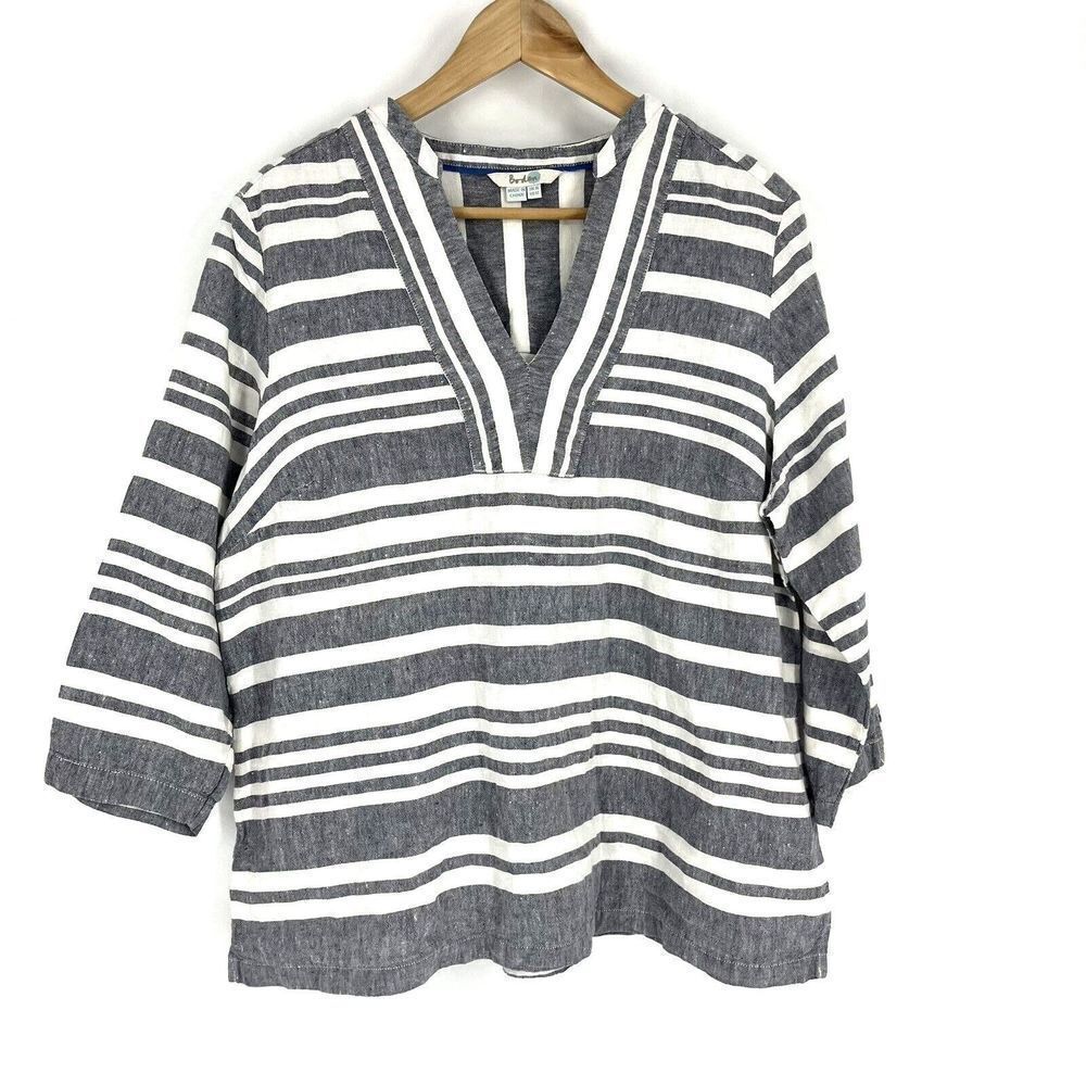 Boden Linen Tunic Top Size 12 Chambray Blue White Stripe 3/4 Sleeve V Neck Shirt